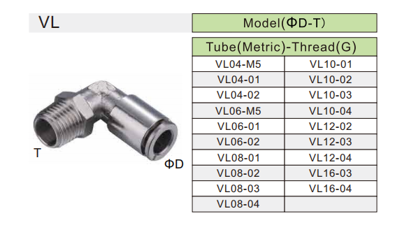 VL elbow air fitting specification Spécifications du raccord d'air coudé VL
