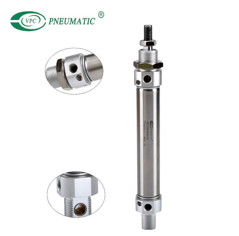 Mini-vérin en acier inoxydable de la série MIC, double effet avec coussin, type à queue pivotante
