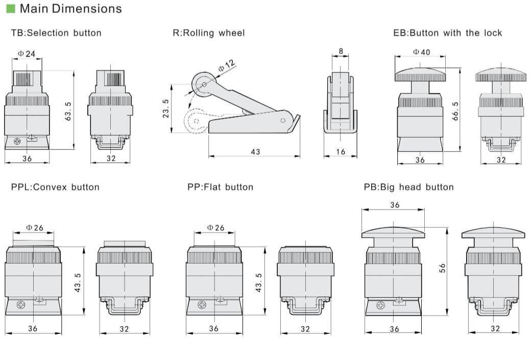 dimensions de la vanne pneumatique à bouton-poussoir