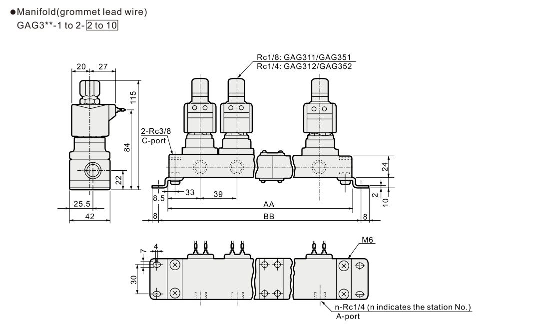 Dimension de l'électrovanne Gag à 3 ports